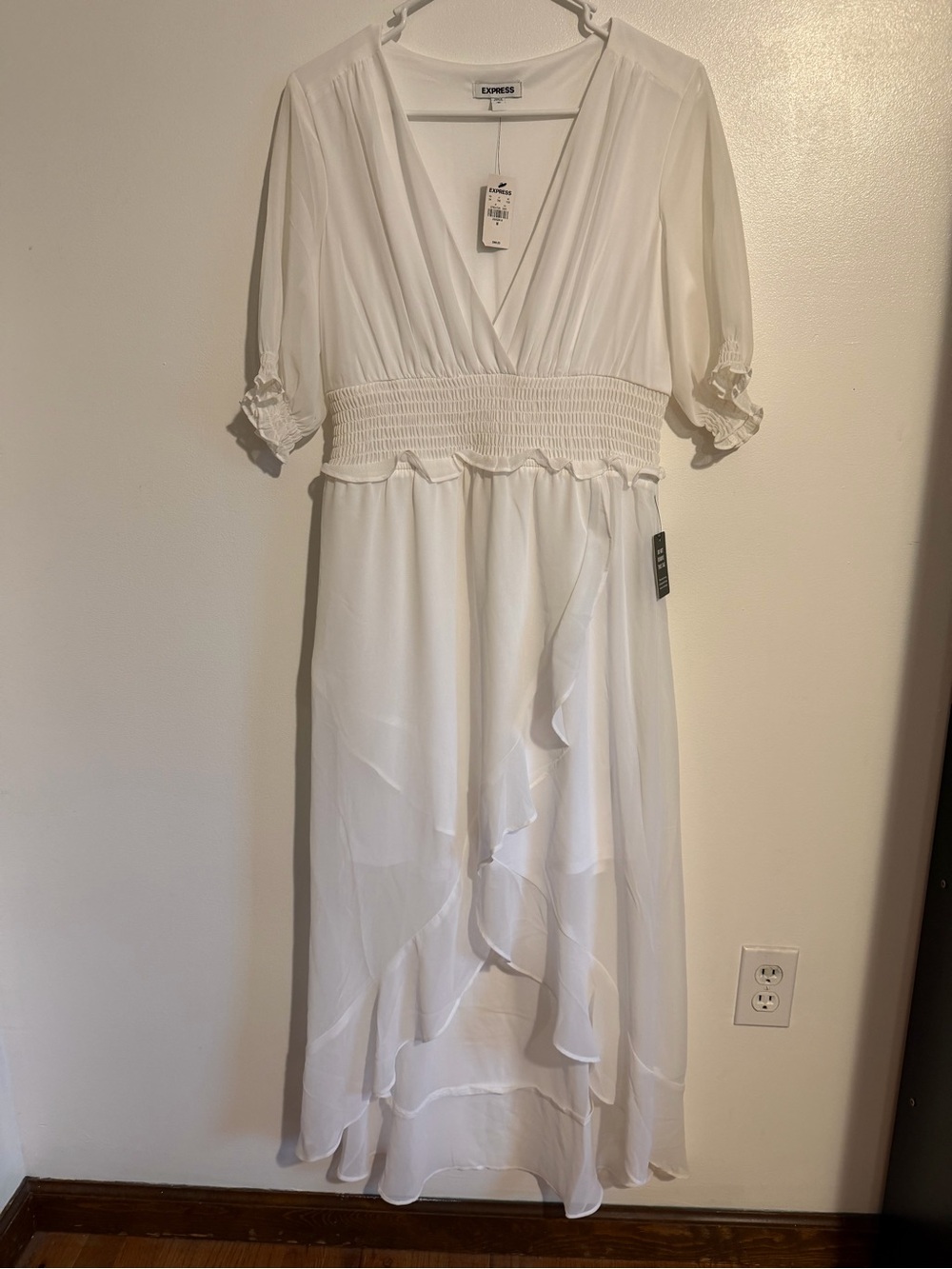 Express White V-Neck High Low Hem Midi Dress